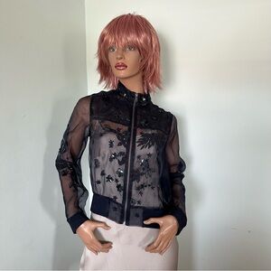 Elie Tahari Navy Beaded Sheer Floral Bomber Jacket